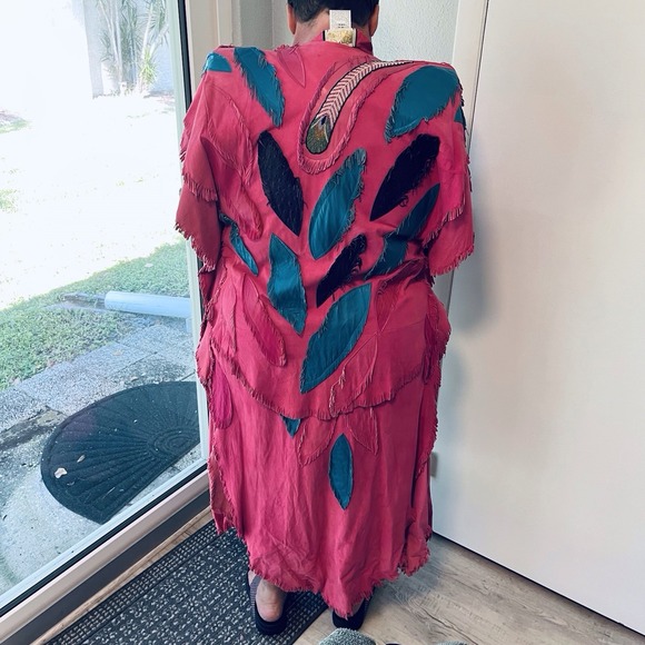 Vintage Jackets & Blazers - Vintage Coat Womens XL Laise Adzer Pink Leather Feather Fringe Maxi Vest Duster
